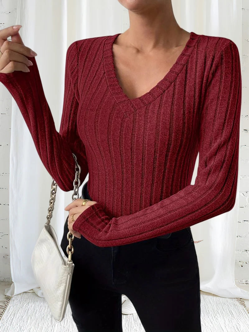 مجموعة تي شيرت نسائية أنيقة برقبة على شكل حرف V وأكمام طويلة ودافئة من 3 قطع