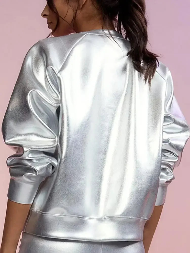 2024 جديد الخريف المرأة سترة البلوز الفضة بسيطة عارضة قميص الشارع الإناث طويلة الأكمام قمم تي شيرت