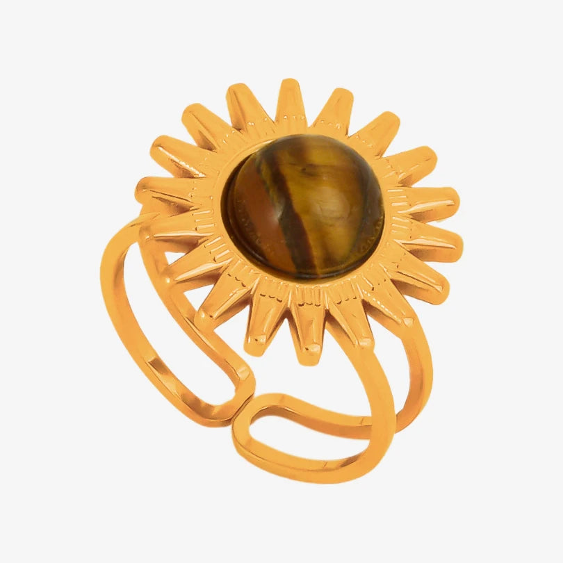خاتم من حجر عين النمر الحقيقي على شكل قلب الشمس من الفولاذ المقاوم للصدأ، خواتم مفتوحة للنساء والرجال، إكسسوارات مجوهرات عتيقة مطلية بالذهب الحقيقي