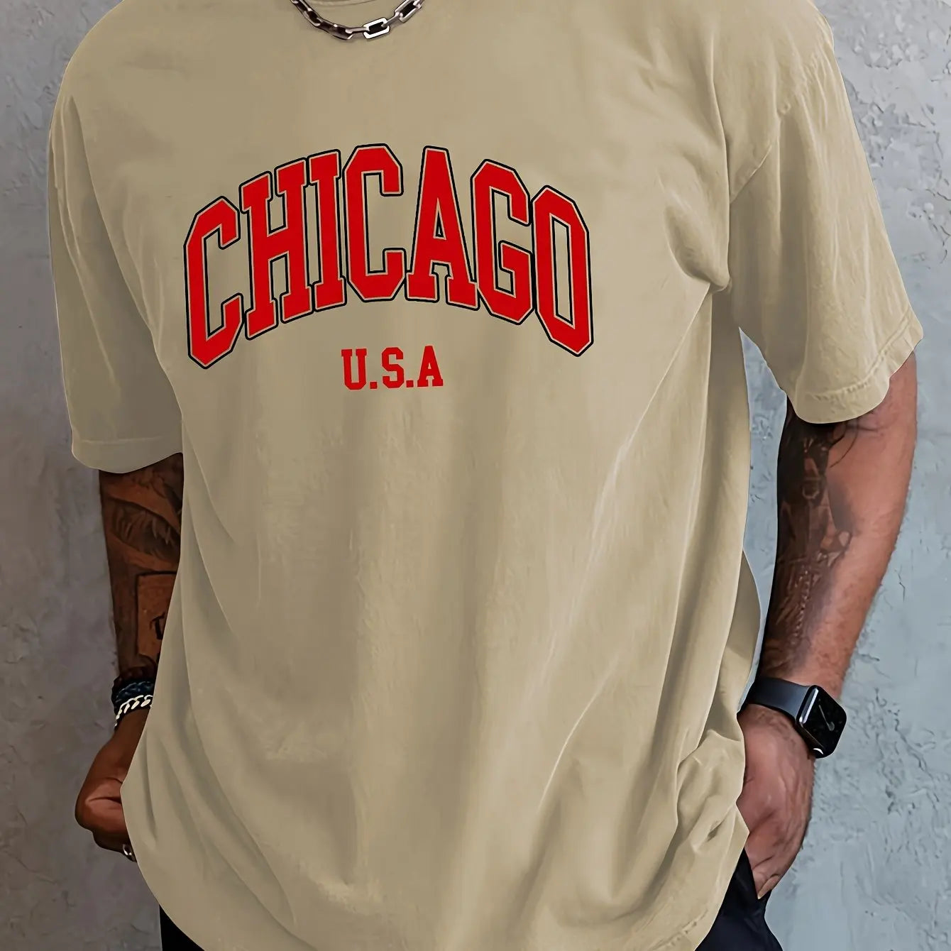 Men's summer 100 cotton fashionable casual loose plus size Chicago USA printed sports round neck short sleeved T-shirt top