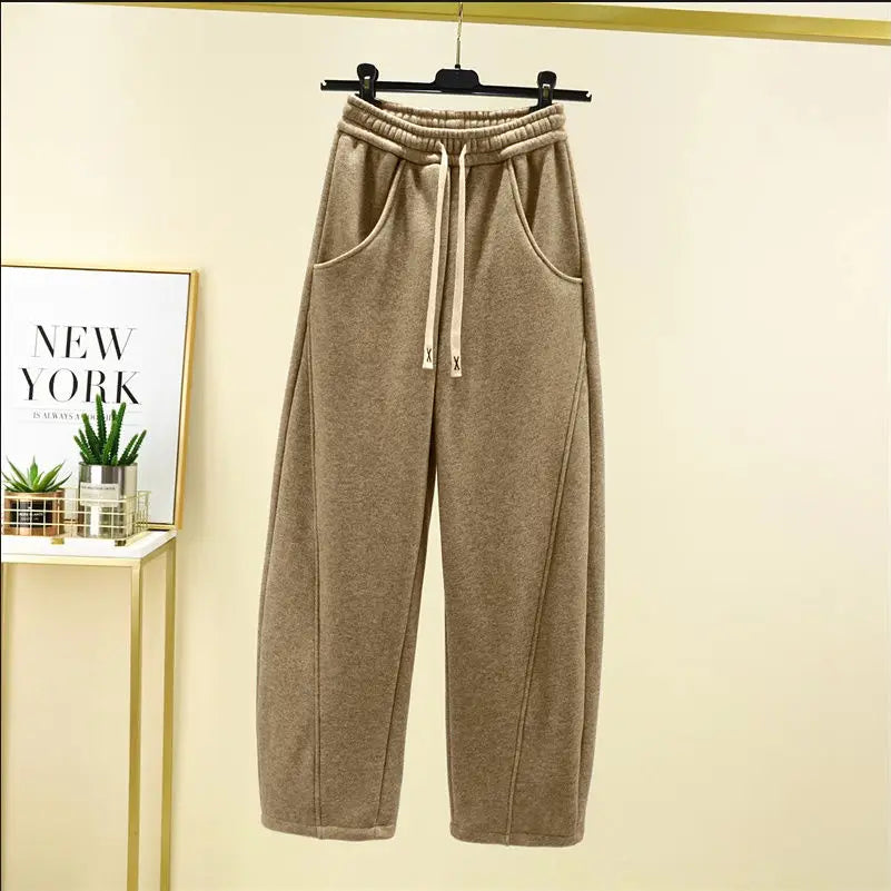 Autumn Winter New Fashion Elastic Waist Drawstring Solid Corduroy Women's Clothing Pockets Loose Casual Trend Y2K Straight Pants