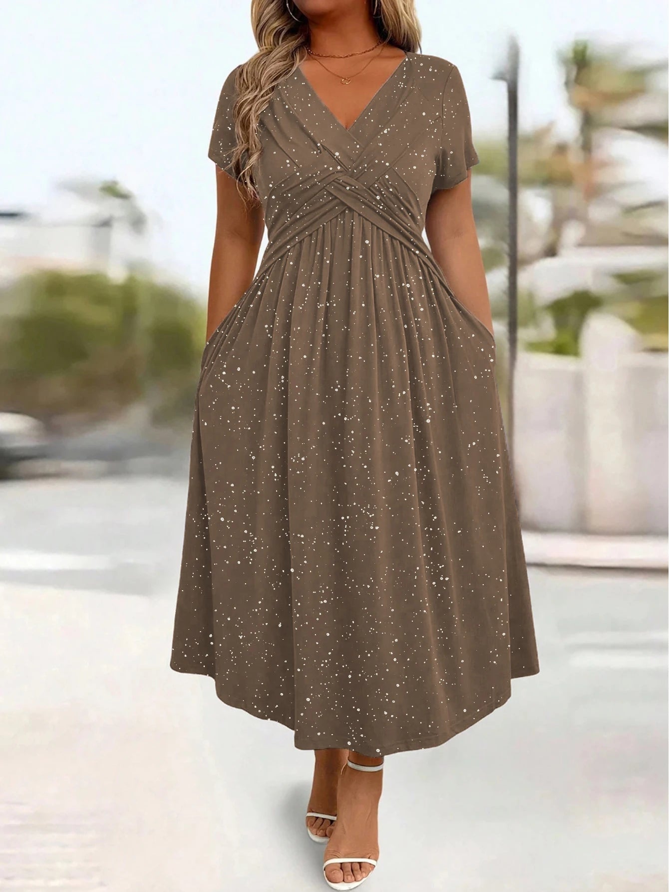 Ladies' elegant plus size powder sprinkled shiny twisted knot with pockets V-neck dress
