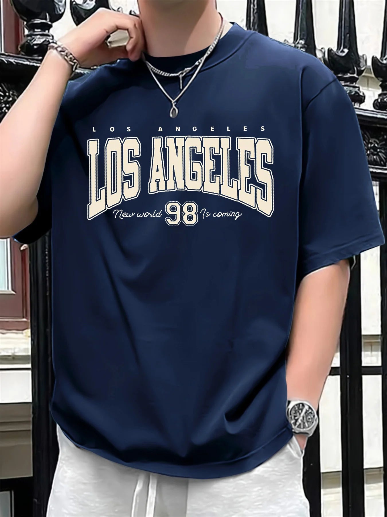 تيشيرت رجالي صيفي قطني 100%، عصري، فضفاض، بمقاسات كبيرة، مطبوع عليه شعار لوس أنجلوس 98، رياضي، بياقة دائرية وأكمام قصيرة