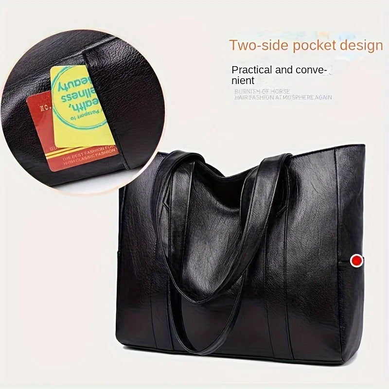 1pc Spacious PU Solid Color Shoulder Bag - Durable, Zipper Portable Double Handle Tote Bag with Large Capacity - Perfect Commute