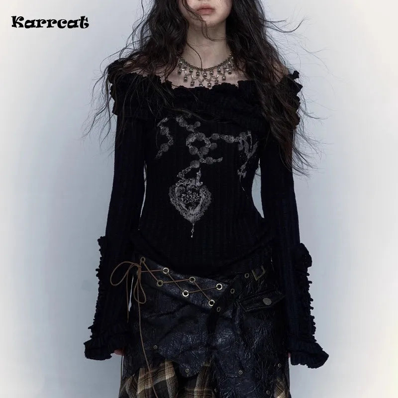 Karrcat Grunge Aesthetics Knitted Tops Vintage Off Shoulder Tattoo Print T-shirt Wasteland Punk Black Ribbed Tee Shirt Gothic