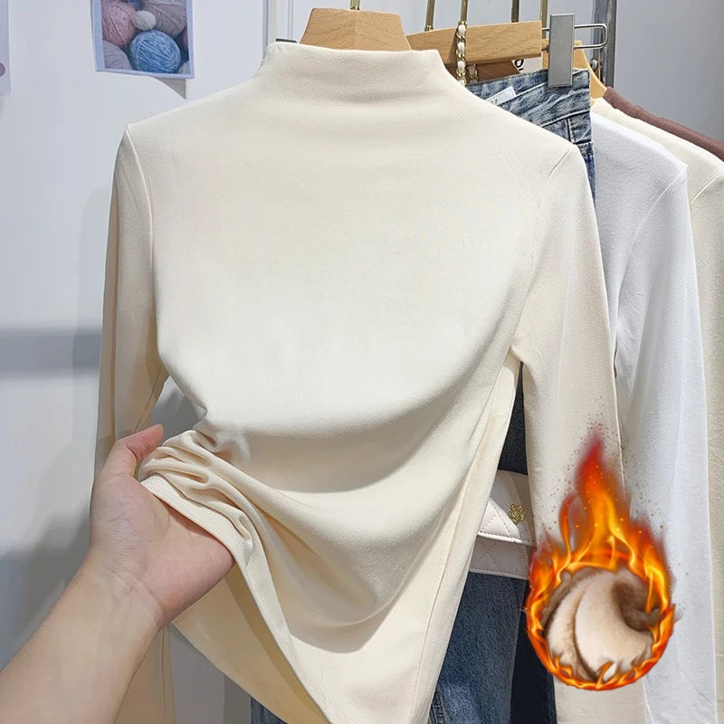 تي شيرتات نسائية كورية بأكمام طويلة وياقة مدورة موديل 2025، تي شيرتات كورية بسيطة بطبقة أساسية، تي شيرتات خريف وشتاء كاجوال، تي شيرتات دافئة من الصوف المخملي الأساسي النحيف