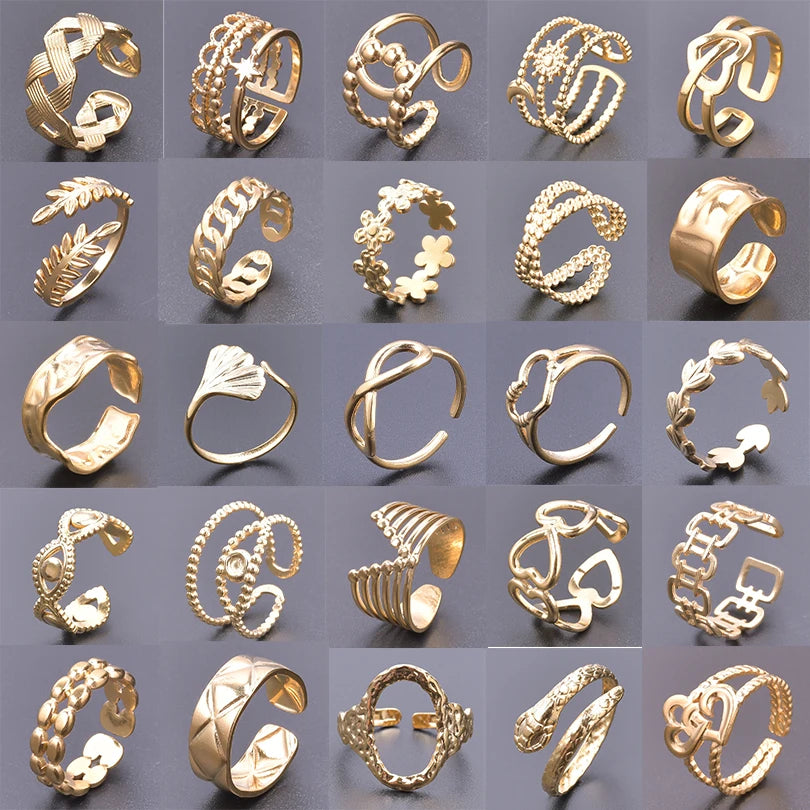 خواتم أنيقة مطلية بالذهب من الفولاذ المقاوم للصدأ، 6 قطع/مجموعة، بتصميمات زهور ونجوم وأوراق شجر وحب وثعبان، خواتم مجردة، مجوهرات نسائية بالجملة