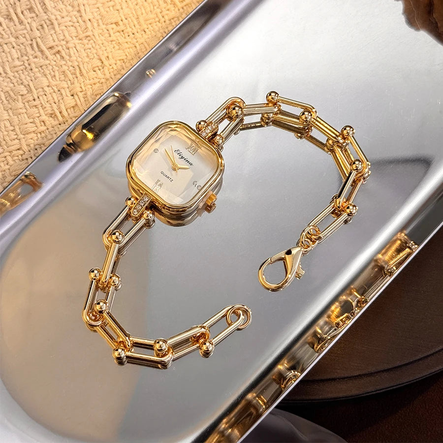 ساعة يد فاخرة بتصميم بسيط، مربعة الشكل، متعددة الأوجه، مصنوعة من الزجاج، تعمل بحركة كوارتز، سلسلة، تصميم منتصف القرن، صغيرة الحجم، إكسسوارات راقية